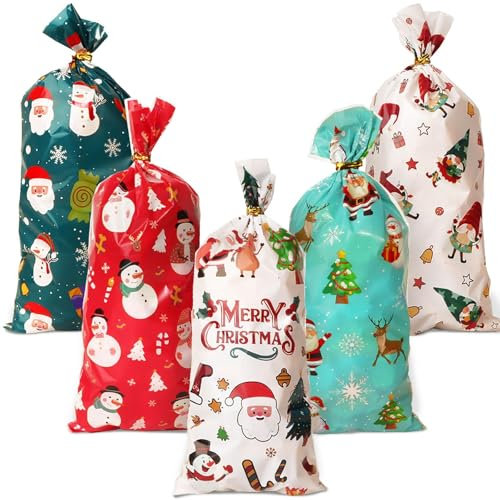 COLOFALLA 100 Stück 5 Form Weihnachten Geschenkbeutel Klein Weihnachten Cellophantüten Plätzchentüten Weihnachtstüten Klein Geschenktüten für Süßigkeiten Bonbon mit Golden Twist Krawatten