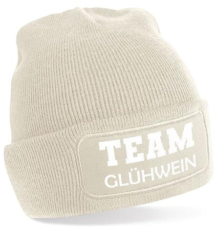 Herzbotschaft Beanie Strickmütze mit Spruch | Team Glühwein | Creme | Unisex SoftTouch angenehm weiche und warme Wintermütze | OneSize Einheitsgröße für Erwachsene