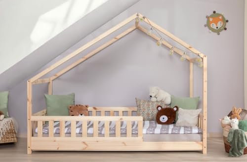 TiCAA Hausbett Bodenbett wandelbar mit asymmetrischem Dach Lou 90/100/120/140x200 cm für Jungen & Mädchen, inkl. Rolllattenrost & Rausfallschutz, Montessori Bett aus Kiefer Massivholz