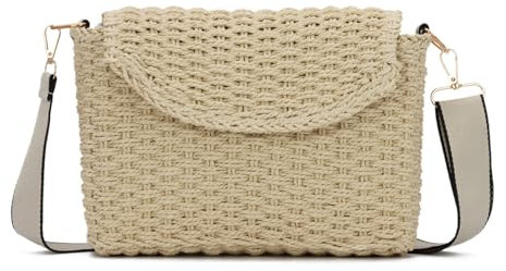 EVEOUT Sac Bandoulière Rotin Tressé Femme été Boho Chic Sac Panier Paille avec Sangle pour Plage Vacances(Beige)