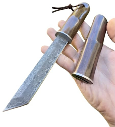 Obespina Couteau Lame Fixe Lame Tanto Acier Damas Japonais Suminagashi San Maï Camping Étui Intégral Bois Cadeau Homme Collection Artisanat Chasse Pêche Randonnée EDC Custom Extérieur Survie Forgé