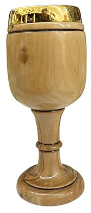 Generico Calice in Legno di Ulivo, Altezza 22 cm, Diametro Coppa 8 cm, con Finitura Dorata