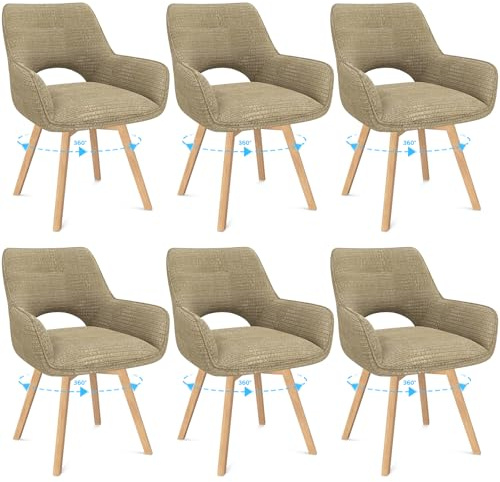 WAFTING Esszimmerstühle 6er Set Drehbar 360°,Armlehnstuhl,Küchenstuhl,Kaki | Holzbeine,Buche,Cord Stoff,Küchenstuhl,Wohnzimmerstuhl,Polsterstuhl mit Samt,Restaurant,Schlafzimmer,Esszimmer,Konferenzraum