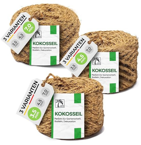 Humusziegel - Kokosseil Set 3 x 50 m - ungefärbte Naturfaser – Baumanbinder, Paketschnur, Pflanzenband & als Deko