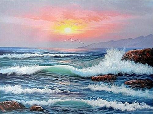 YEESAM ART Neuheiten Malen nach Zahlen Erwachsene Kinder, Sonnenuntergang Meereswellen 40x50 cm Leinen Segeltuch, DIY ölgemälde Weihnachten Geschenke (Sonnenuntergang, Mit Rahmen)