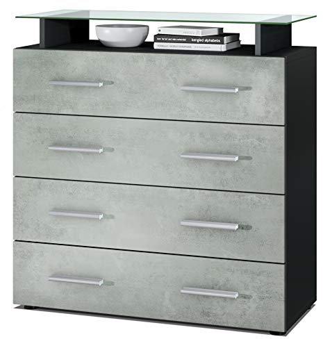 Vladon Sideboard Pavos V2, Kommode mit 4 Schubladen und Glasablage, Schwarz matt/Beton Oxid Optik (76 x 81 x 35 cm)