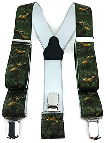 TigerTie Unisex Hosenträger in Y-Form mit 3 extra starken Clips - Farbe in grün braun mit Hirschmotiv - hochwertige Verarbeitung - Breite 35 mm