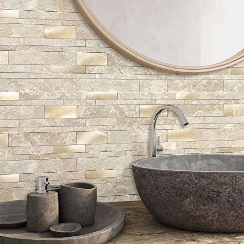 VAOVI 3d Metro Fliesen Marmor Mosaikfliesen Fliesenaufkleber Selbstklebende,Küche Wandfliesen Selbstklebend Klebefliesen Wasserdicht Fliesensticker Bad(10 Stück,Beige)
