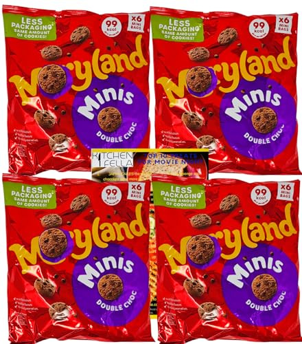 Maryland Double Chocolate Mini Cookies Multipack – 4 Packs (24 Mini Bags), Chocolate Chip Biscuits, 99 Kcal Snacks, No Artificial Colours Preservatives, with Kitchen Fella Movie Night Treats Guide
