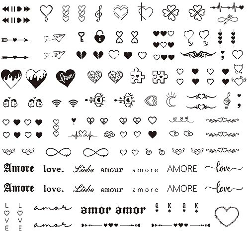 2 Blätter Fake Tattoos Herz Love Schwarz Temporäre Klebetattoos Erwachsene Wasserdicht Tattoo Mädchen Arm Tattoo Klebe Aufkleber Tatoos zum Aufkleben Frauen Damen Kinder Männer