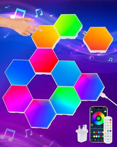 Hexagon LED Lights, 10 Pack RGB Led Hexagon Wall Lights Panels, Hex Lights Hexagon Smart Wall Lights Sync to Music for Gaming Room Decor Bedroom Bar, Hexagon Gaming Lights with App & Remote Control
