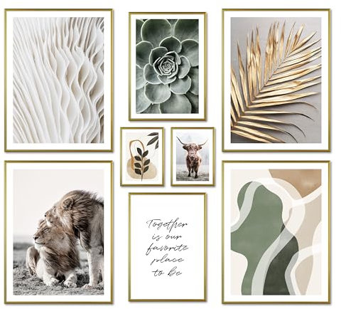 ARTFAVES® Poster Set - ABSTRACT NATURE - mehrteilige Wanddeko Wohnzimmer & Schlafzimmer - 8 moderne Wandbilder Abstrakt, grün, Löwe, beige, gold, Natur - mit Rahmen Gold