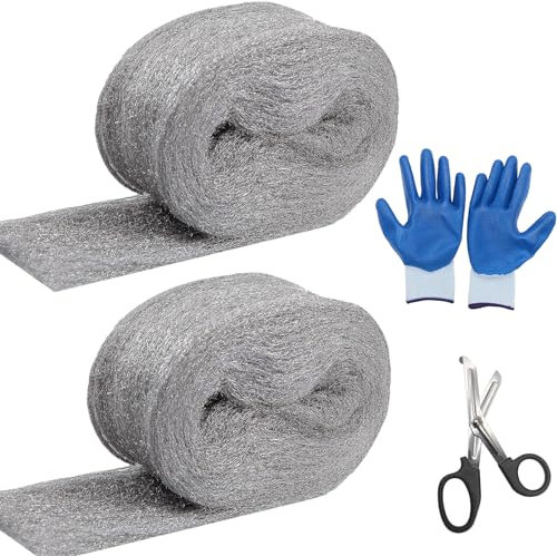 WANYIG Stahlwolle 0000 00 0000 Stahlwolle Gegen Mäuse Steel Wool Stahlwolle Fein mit Schere Arbeitshandschuhen für Küche Reinigen, Polieren, Löcher und Wand Risse von Haus,Garten (3#, 2 Rollen)