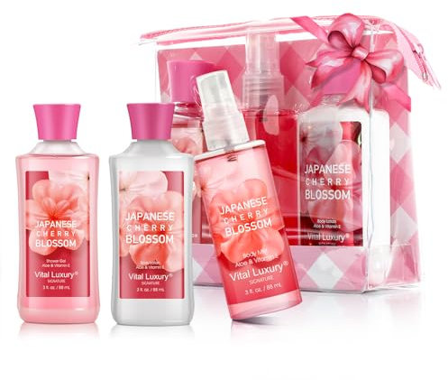 Bath and Body Gift Set for Women Girls Japanese Cherry Blossom Spa Set with Natural Extracts, Shower Gel, Body Lotion, Body Mist, Set of