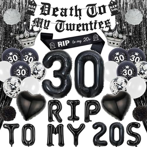 Schwarze 30. geburtstag Party deko - Death To My Twenties Banner, Rip To My 20s Sash , Zahlen 30 Ballon, Lametta Vorhang, Funny Thirty Birthday Party Supplies für Männer Frauen