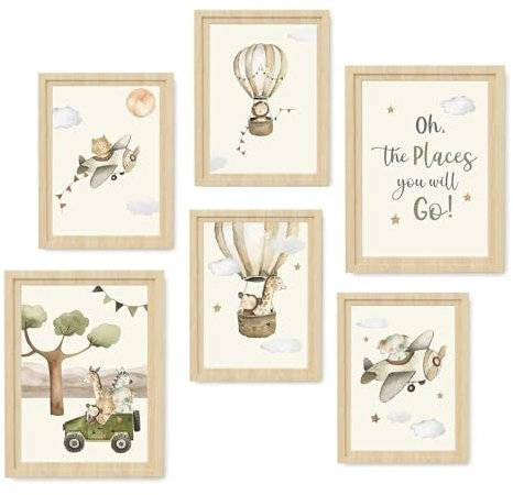 YunBey Bilder Babyzimmer Deko 6er Set Poster Kinderzimmer Jungen und Mädchen Wandbilder Baby Zimmer Dekoration Waldtiere Freunde und Reisethema (Ohne Bilderrahmen)