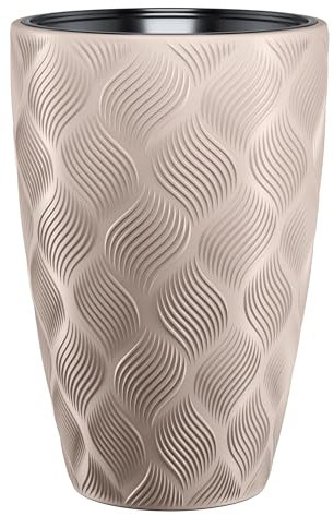B2C Round Tall Plant Pot Elegant Large Flower Indoor Outdoor Garden Planters Flow High 5 Colours Wave Plastic Textured With insert (Taupe, H58cm x D38.5 cm)