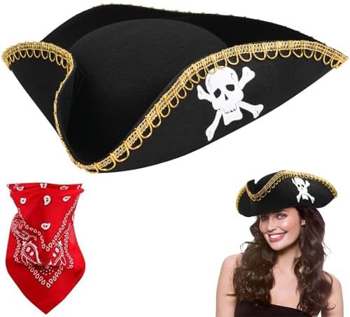 Aomig Pirate Hat for Adult Medieval Accessory Tricorn Hat Pirate Cap Fancy Dress Colonial, Pirate Costume Accessories Set Party Headwear Pirate Cap Bandana for Pirate Theme Party Halloween Cosplay