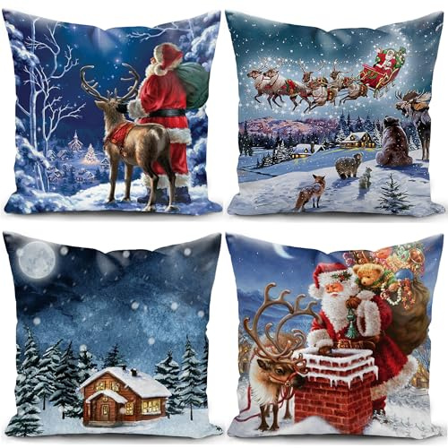 KUNQIAN Christmas Cushion Covers Xmas Decorations Blue Santa Claus Snowman Winter Throw Pillow Cover Set of 4 Christmas Decor For Sofa Living Room Home 45x45cm