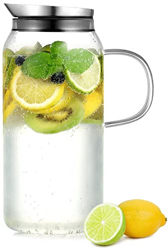 ecooe Glaskaraffe 1.5 Liter Wasserkaraffe Karaffe Glas mit Edelstahl Deckel, Glaskrug aus Borosilikatglas Wasserkrug Glaskanne für Heißes/Kaltes Wasser, DIY Getränke, Saft, Milch,Tee, Kaffee