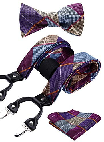 HISDERN Hosenträger Herren und Krawatten Set Gepunktetes Einstecktuch Y-Gingham-Hosenträger mit 6 Starken Clips Verstellbar und Elastisch (A Lila, Einheitsgröße)