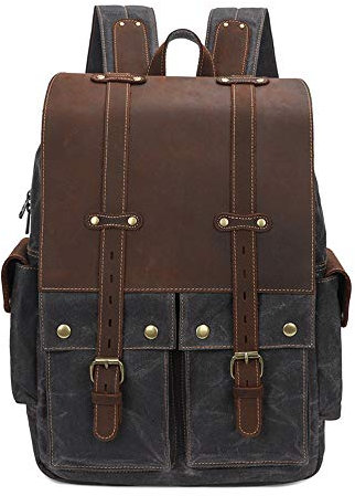 Neuleben Vintage Rucksack Leder Canvas Herren Damen Wanderrucksack Daypack 15 Zoll Laptopfach für Freizeit Arbeit Reise Outdoor Universität (Dunkelgrau)