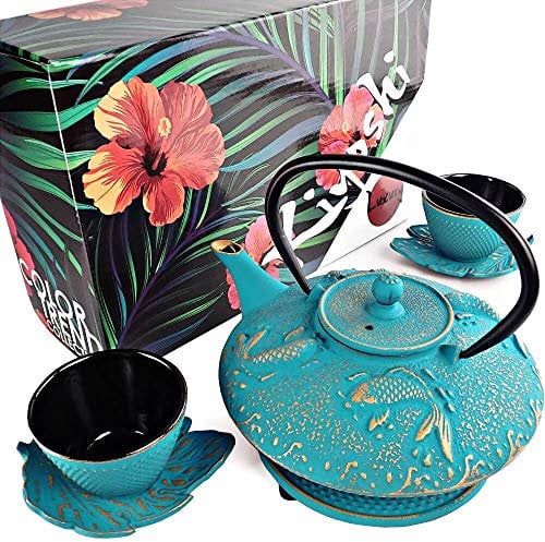 KIYOSHI Luxury 7PC Japanese Tea Set.Turquoise Koi Cast Iron Tea Pot with 2 Tea Cups, 2 Saucers, Loose Tea Infuser and Teapot Trivet. Ceremonial Matcha Accessories