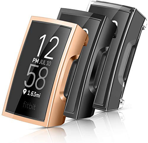 Vancle 3-Pack Case Compatible with Charge 3 and 4 Soft TPU All-Around Cover Anti-Scratch Screen Protector Bumper for Smartwatch (02 Rose Gold, Black, Clear)
