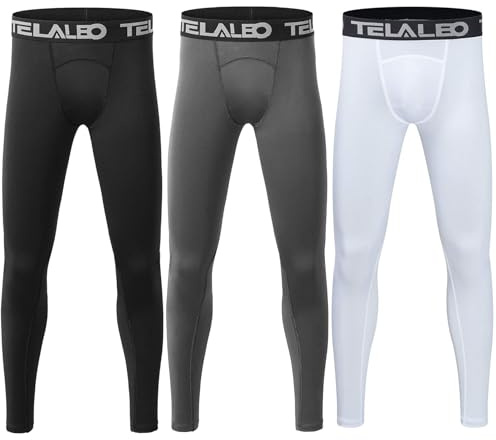 TELALEO Boys Compression Leggings Youth Football Pants Tights Base Layer Black/Grey/White-L