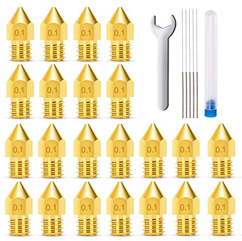 MMOBIEL 20 Stück Extruder für Druckerdüsen E3D, 0.1 mm, Messing, E3D V5-V6 3D für Filament 1,75 mm, inkl. Schraubenschlüssel