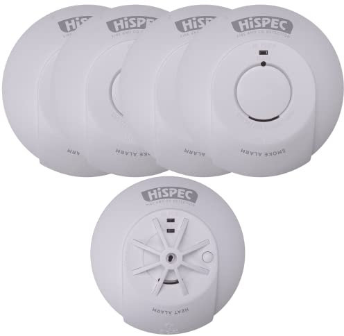 HiSPEC Mains Powered Smoke Alarms Heat Detectors and CO Detectors Fire Safety Kits with 9V Back Up Battery: Interconnectable & Fully Compliant to Welsh 2022 Legislation (4 Smoke / 1 Heat)