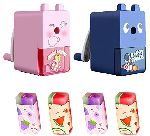 YouYuer 2PCS Anspitzer mit Behälter,Manuelle Spitzmaschine Spitzer Bleistiftspitzer Bleistiftspitzmaschine mit 4pcs Radiergummi für Kinder,Studenten,Schule,Zuhause,Büro
