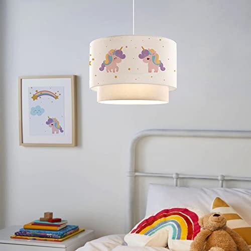 lux.pro Lampada a Sospensione per Cameretta Lampadario per Bambini Lampada da Soffitto con Doppio Paralume Cilindrico Decorato con Unicorno - Bianco