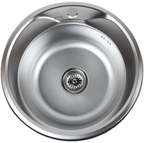 ANW HOME Spülbecken Küche Rund Ø49 cm Satin mit Siphon, Waschbecken Küche Edelstahl mit Hahnloch, Spüle Spülbecken Edelstahl, Edelstahlspüle Einbauspüle, Klein Küchenspülen, Spüle Küche
