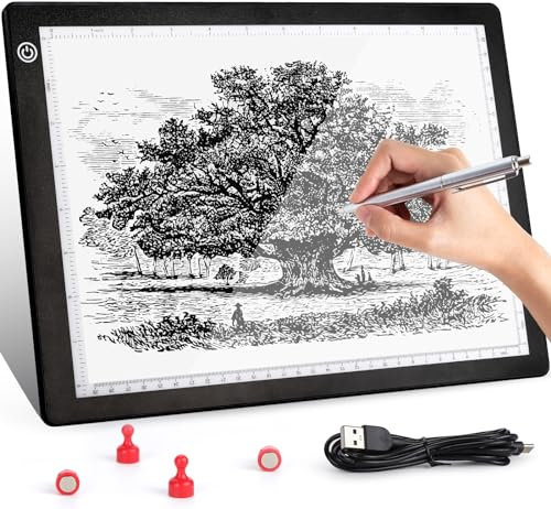 Damcyer Leuchttisch A4,Led Licht Pad 3 Farben Dimmbar,A4 Leuchttisch USB-Betriebenes Zeichenbrett für Animation, Skizzieren, Entwerfen, Folien, Schablonen, Painting,Diamantmalerei,Schwarz