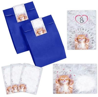 12 Einladungskarten zum 8. Kindergeburtstag Mädchen Katze Einladungen zum achten Mädchengeburtstag incl. 12 Umschläge, 12 Partytüten/blau, 12 Aufkleber, 12 Mini-Notizblöcke