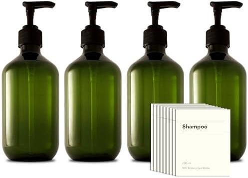Recycled Plastic Pump Bottle Dispenser 4 x 300ml, Bathroom Bottles with Labels, Empty Refillable Shampoo and Conditioner Dispenser Bottle with Pump for Liquid Hand Soap, Shower Gel, Body Wash, Lotion