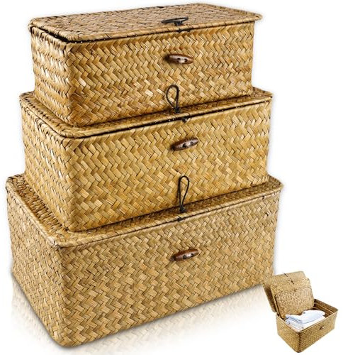 3 Stück Rattan Aufbewahrung Korb, Aufbewahrungskorb mit Deckel, Aufbewahrungskorb aus geflochtenem Rattan, Rechteckig Natürliches Seegras Geflochtener Regalkörbe für Badezimmer, Wohnzimmer, Küche