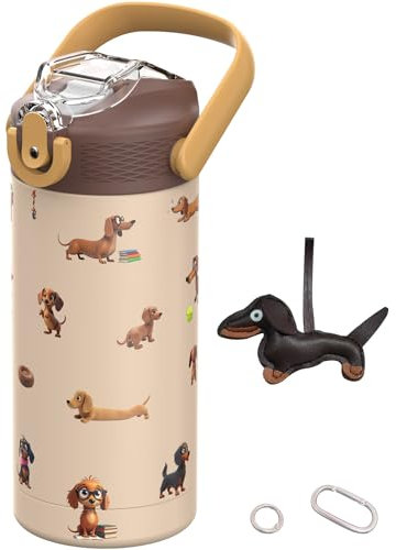 MYFOREST 14oz/400ml Insulated Kids Water Bottle, Surgical Grade Steel, High-Resolution Original Pattern, Dishwasher-Safe, Name Badge, Carabiners (Beige. Brown Dachshunds)