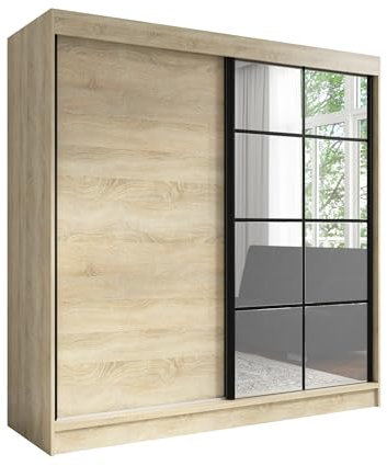 A&J MöbelLand Schwebetürenschrank TAVIRO Kleiderschrank 3-türig mit Schubladen, und Spiegel, Garderobe 200 cm (Sonoma)