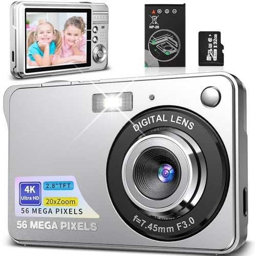 4K Digital Camera 56MP Vlogging Camera 20X Autofocus Digital Zoom Photo Camera with 1 Battery 32GB SD Card for Kids Beginners Teens Students (Silver)