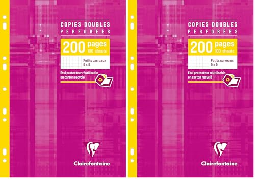 Clairefontaine 4712C Un Étui de Copies Doubles Perforées - A4 21x29,7 cm - 200 Pages Petits Carreaux - Papier Blanc 90 g - Étui Réutilisable (Lot de 2)