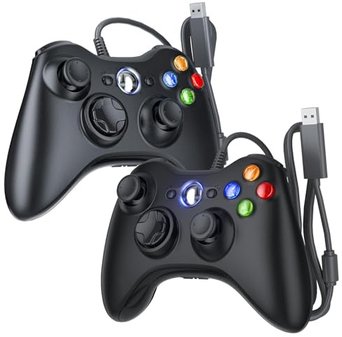Dinosoo 2 Pack Wired Xbox 360 Controller – Upgraded Joystick, Double Shock, Voice Function – Compatible with Microsoft Xbox 360 & Slim/PC – Black