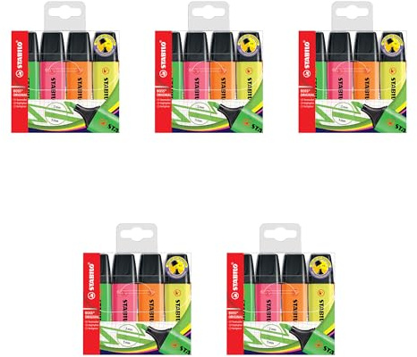 Stabilo 70/4 - Boss Highlighter Asstd 70/4 (PK4) | 5 x pack of 4, yellow, orange, green, pink