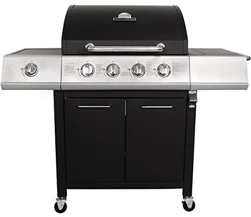 CHARLES BENTLEY 5 Burner Premium Gas BBQ In Black With 4 Burners + 1 Side Burner, Warming Rack, Side Table, Built In Thermometer, and Layered Hood For Family BBQs, Parties, And More (136x106cm)