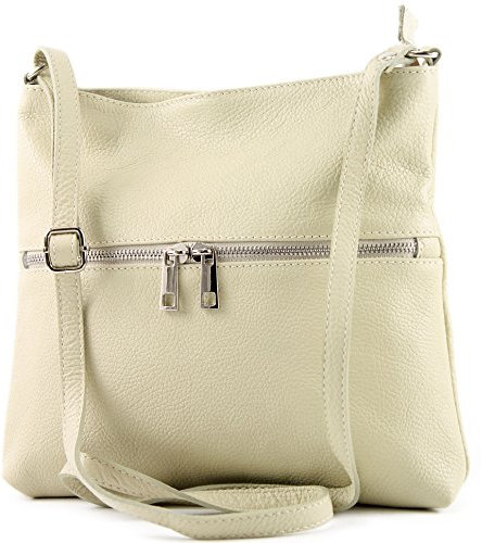 modamoda de T144 Damen Leder Umhängetasche Schultertasche Messenger bag handmade in Italy, Farbe:Cremebeige