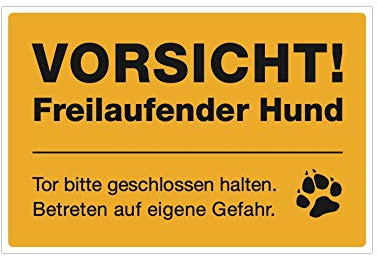 STEMPEL-FABRIK Hundewarnschild Aufkleber – 3 Stück, 300x200 mm, Signalgelb | Drei gelbe Aufkleber mit Hundesymbol – freilaufender Hund, Tor schließen, je 300 × 200 mm, UV-beständig