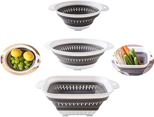 D L D Collapsible Colander - BPA Silicone Food Strainer with Plastic Handles - Heavy Duty Foldable Heat Resistant Pasta and Veggies Kitchen Drainer Steam Basket - Dishwasher Safe - 3pcs (Gray)