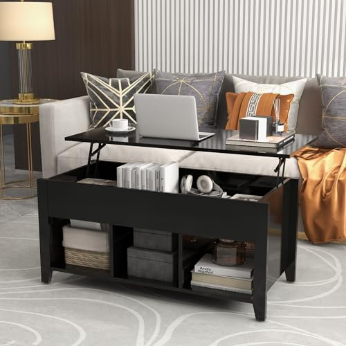GOPLUS Table Basse Relevable Moderne de Salon, Plateau Relevable Vérin à Gaz, Transformable avec Compartiment Caché 105x52x63CM (3 Bacs, Noir)
