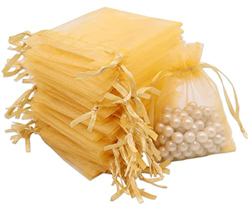 Leeyunbee 100 Stück Golden Organzasäckchen 7 x 9 cm Organzabeutel, Säckchen Geschenk Schmuck Hochzeit Bonbonsbeutel Für Festival Party und Hochzeit, Satin-Kordelzug
